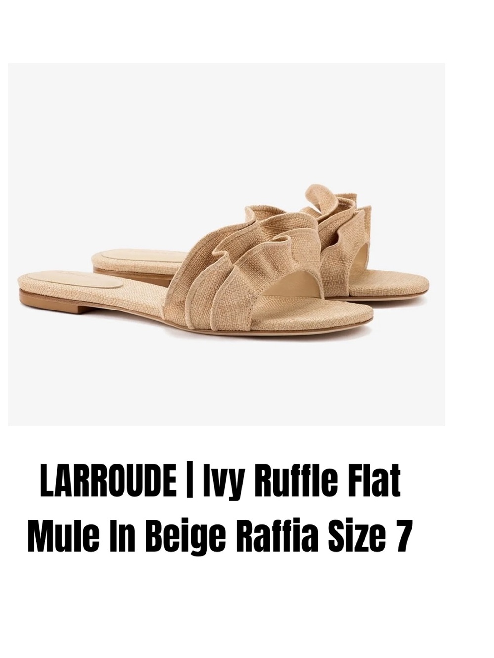 LARROUDE I Ivy Ruffle Flat Mule In Beige Raffia Size 7